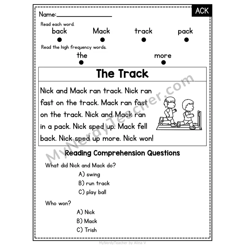 ACK Word Family Decodable Passage - The Track