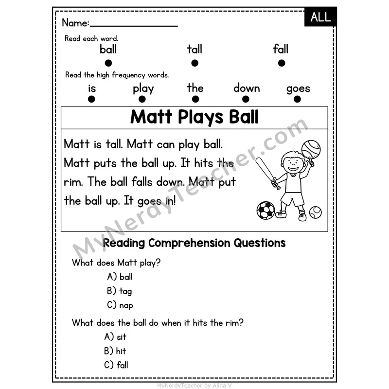 ALL Word Family Decodable Passage - Matt Plays Ball