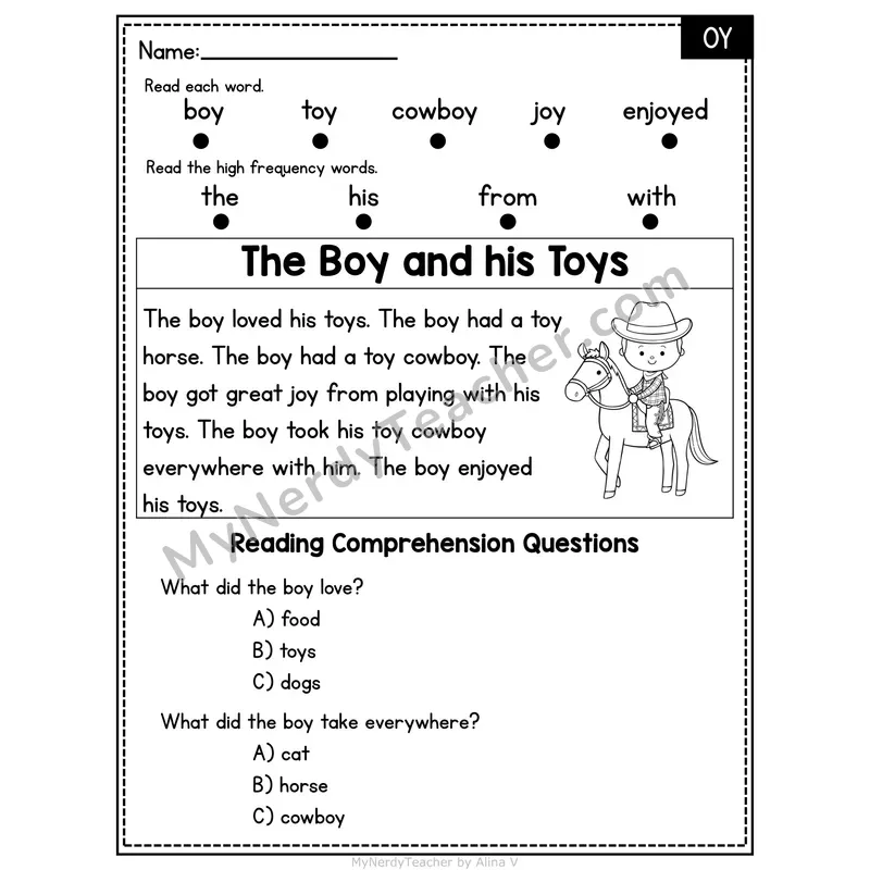 OY Diphthong Decodable Passage - The Boy and his Toys
