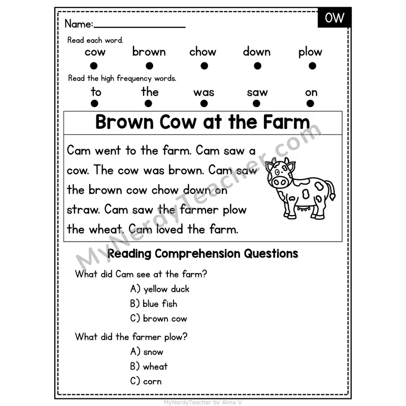 OW Diphthong Decodable Passage - Brown Cow at the Farm