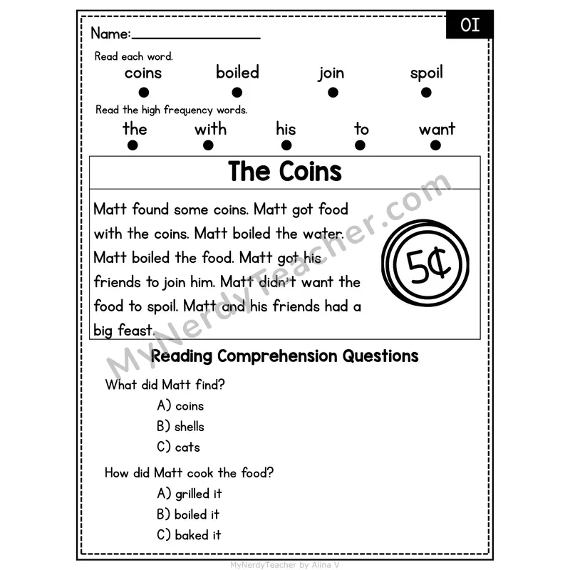OI Diphthong Decodable Passage - The Coins