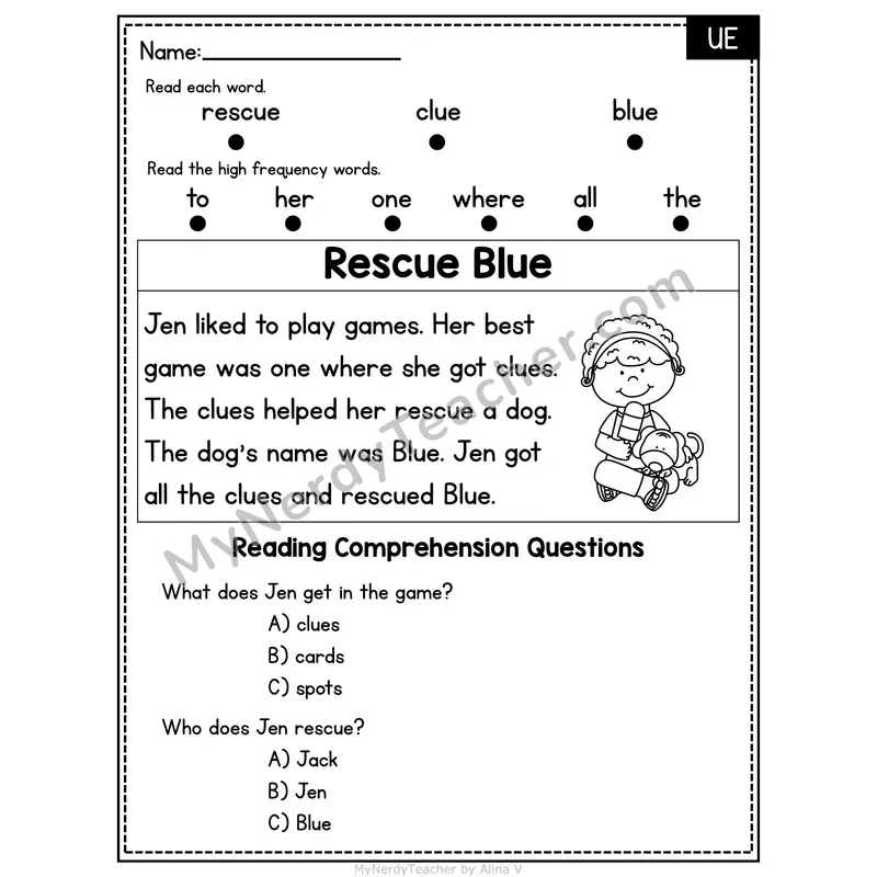 UE Vowel Team Decodable Passage - Rescue Blue