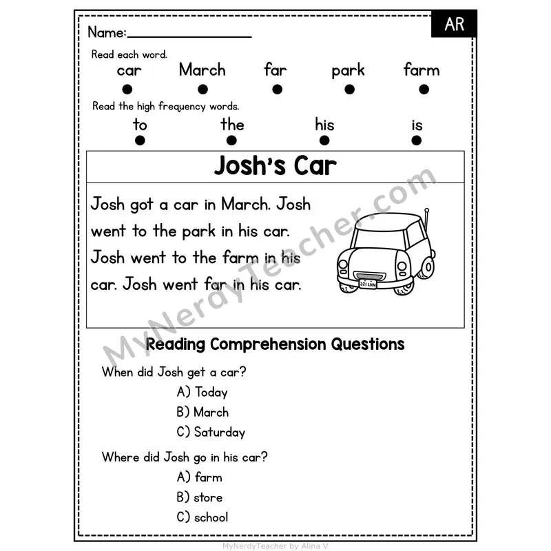 AR R-Controlled Vowel Decodable Passage - Josh's Car