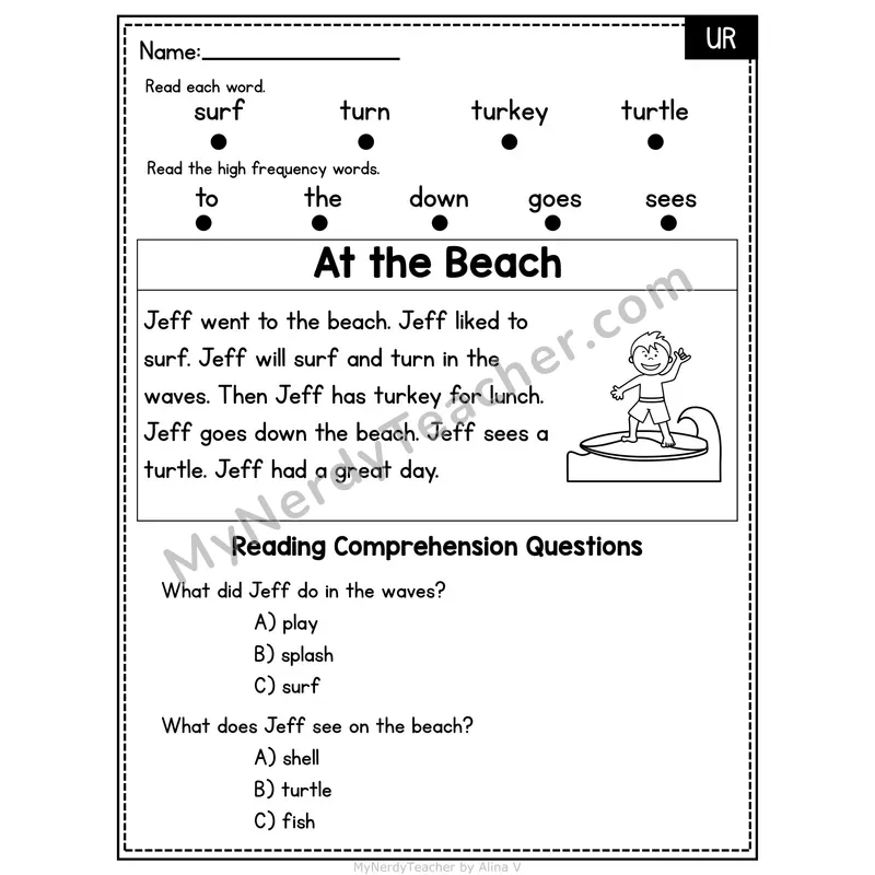 UR R-Controlled Vowel Decodable Passage - At the Beach