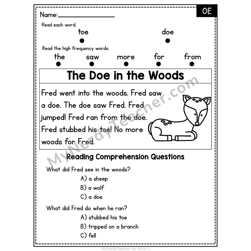 OE Vowel Team Decodable Passage - The Doe in the Woods