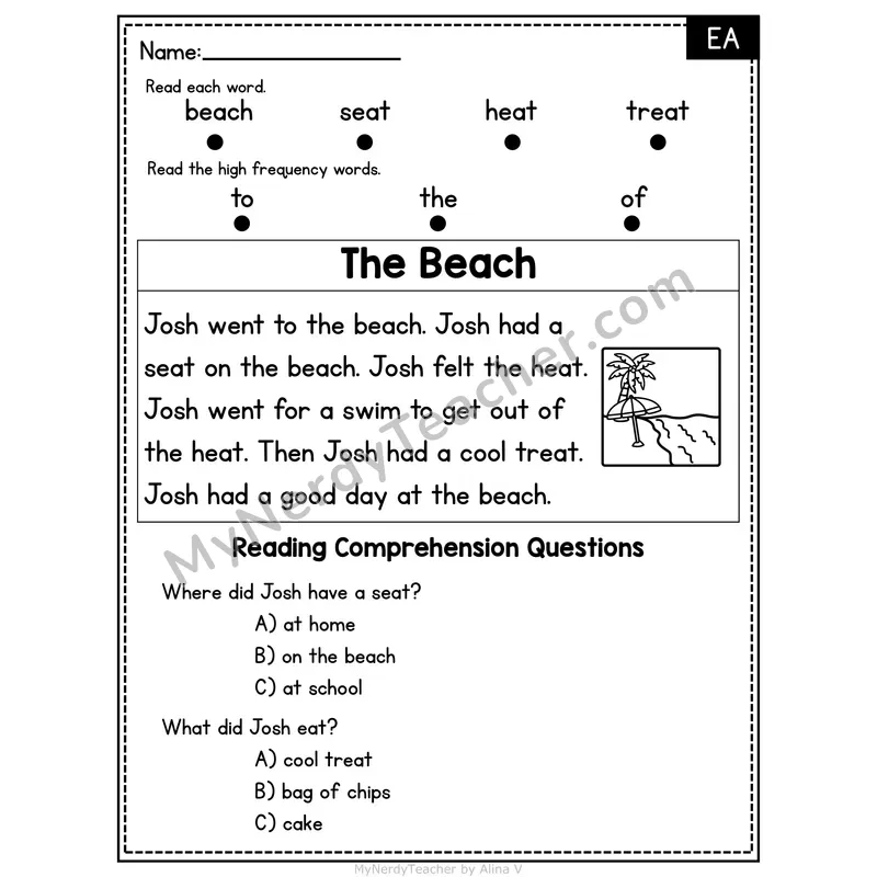 EA Vowel Team Decodable Passage - The Beach