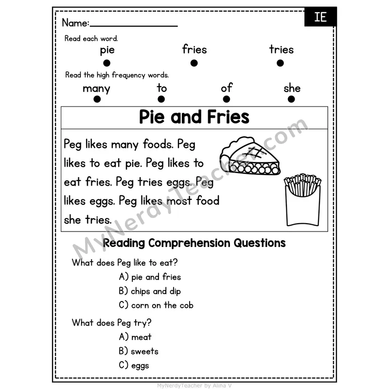 IE Vowel Team Decodable Passage - Pie and Fries