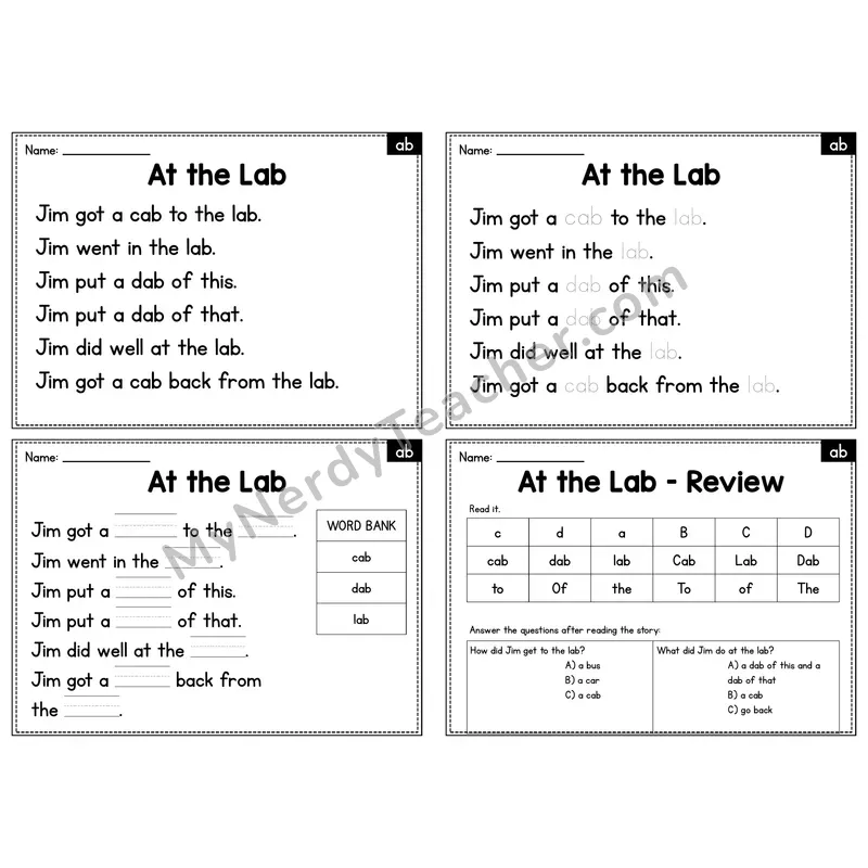 AB Word Family Decodable Passage - At the Lab