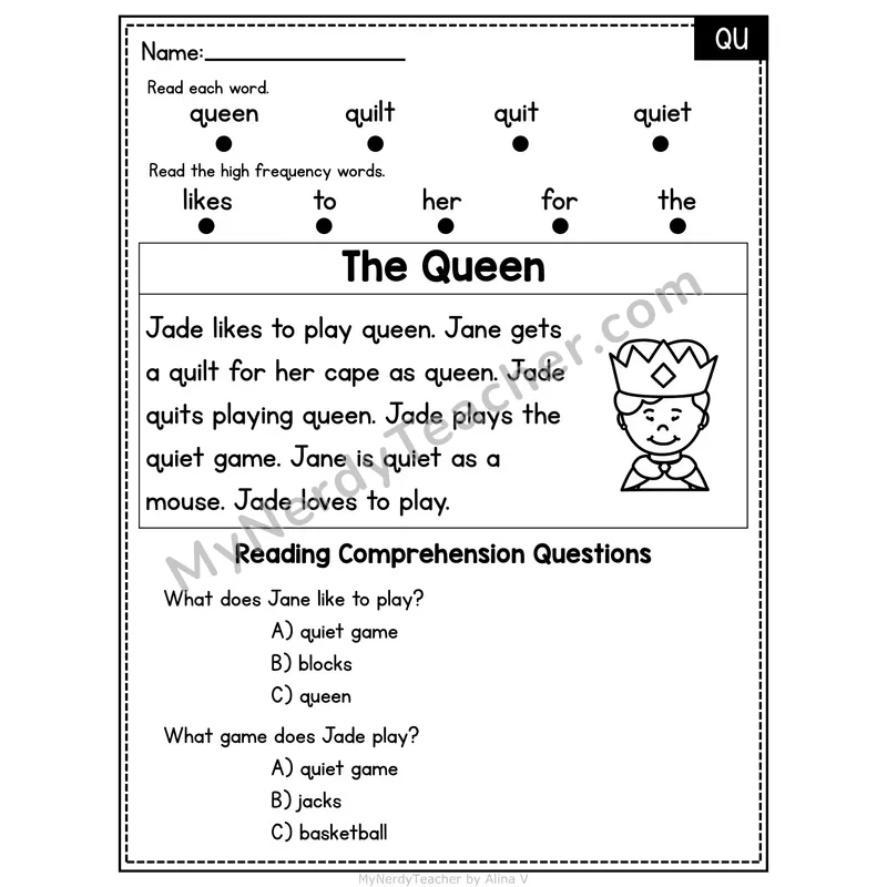 QU Digraph Decodable Passage - The Queen