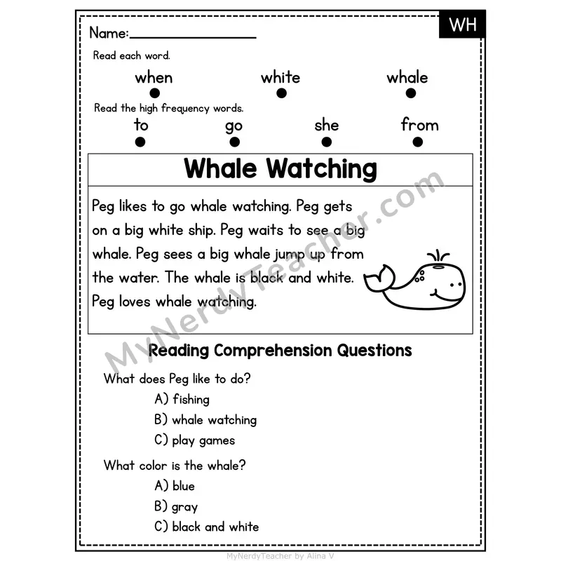 WH Digraph Decodable Passage - Whale Watching