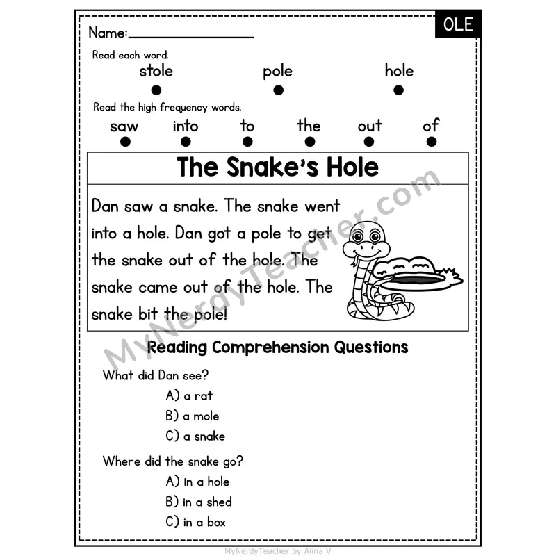 OLE Word Family Decodable Passage - The Snake's Hole