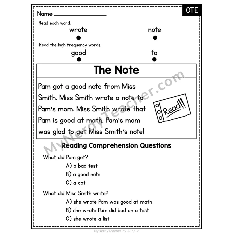 OTE Word Family Decodable Passage - The Note