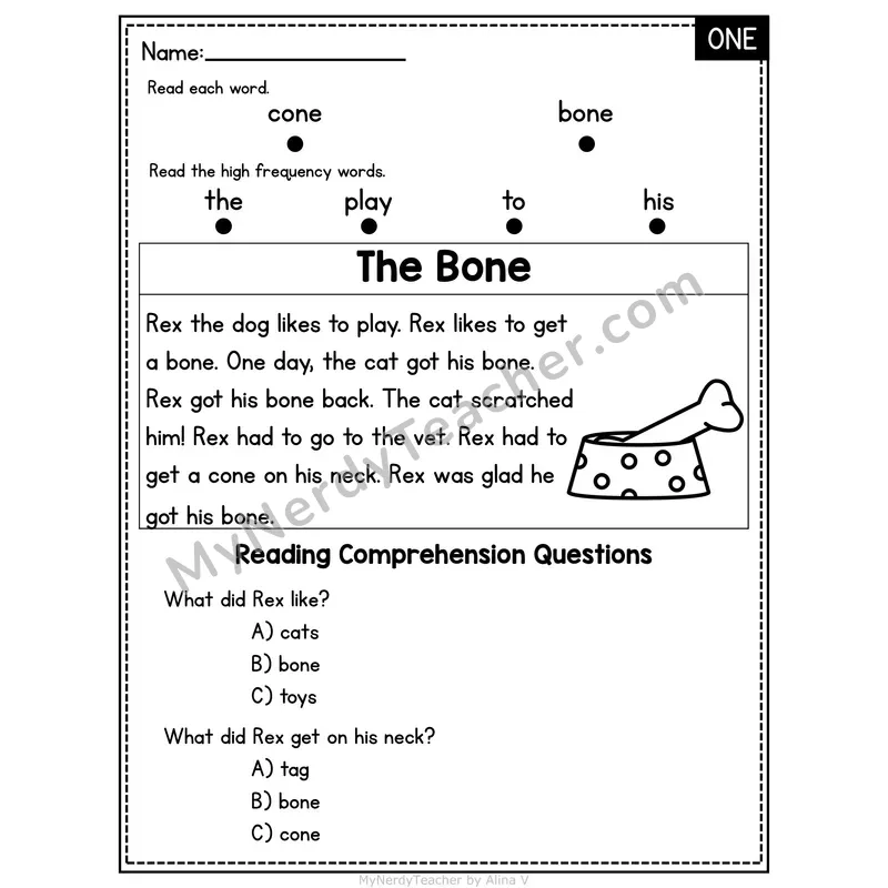 ONE Word Family Decodable Passage - The Bone