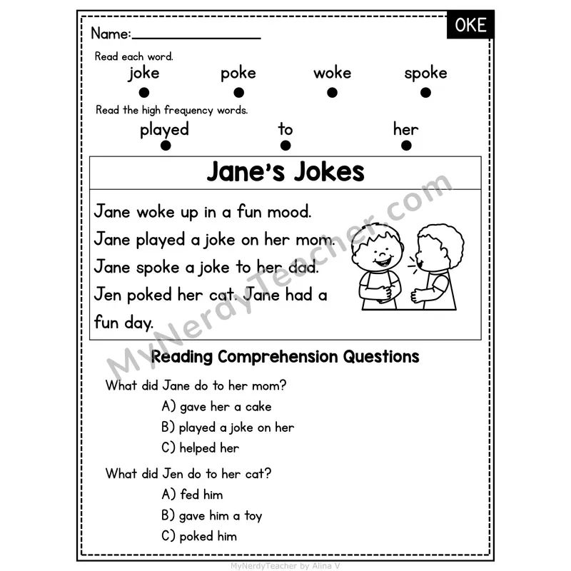 OKE Word Family Decodable Passage - Jane's Jokes