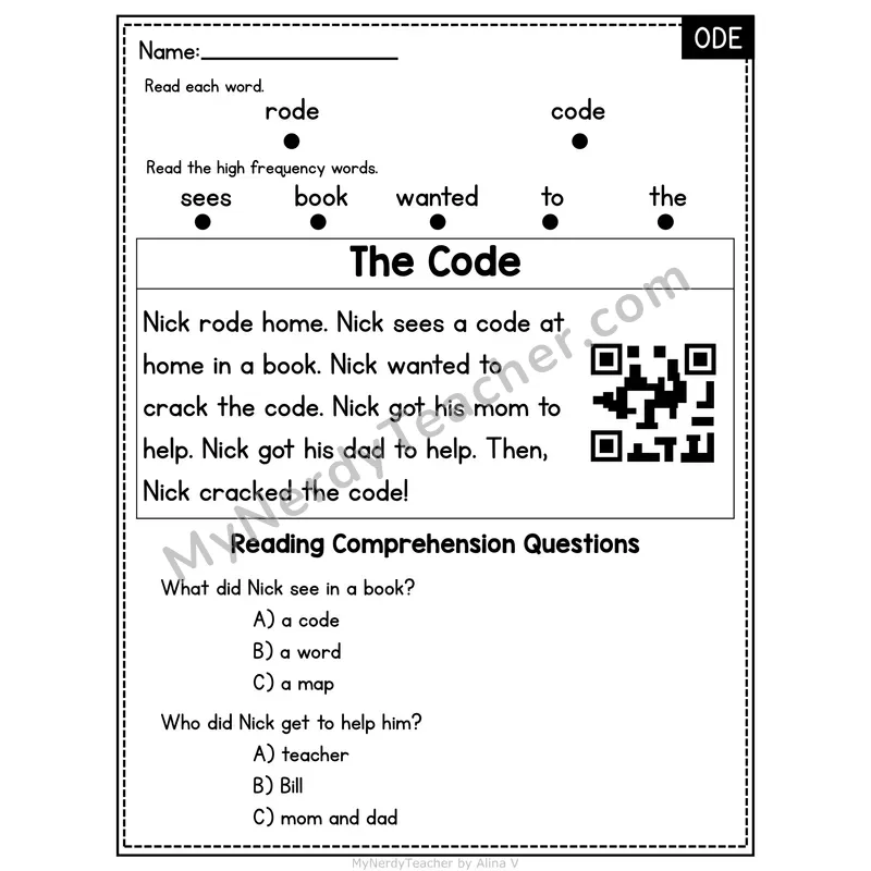 ODE Word Family Decodable Passage - The Code