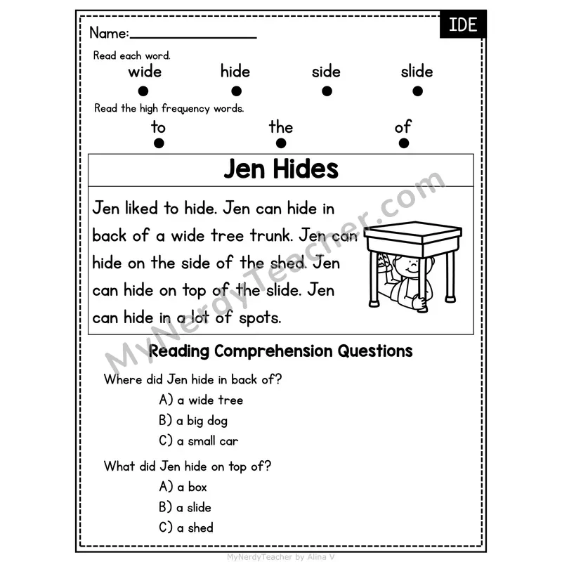 IDE Word Family Decodable Passage - Jen Hides