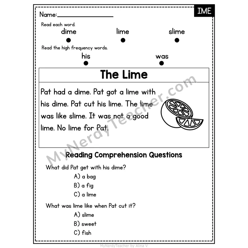 IME Word Family Decodable Passage - The Lime