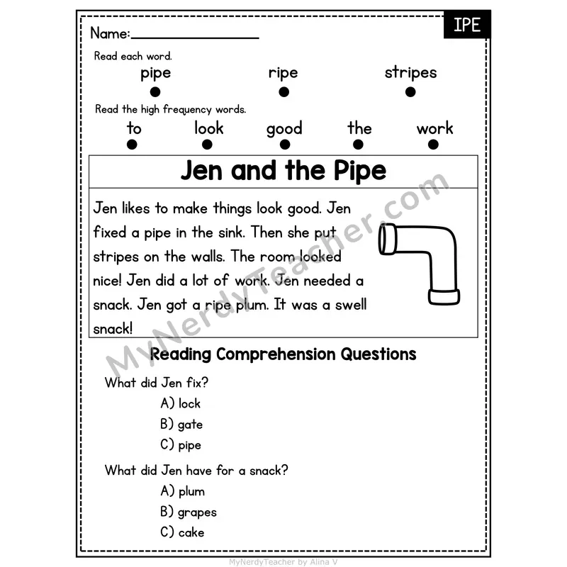 IPE Word Family Decodable Passage - Jen and the Pipe