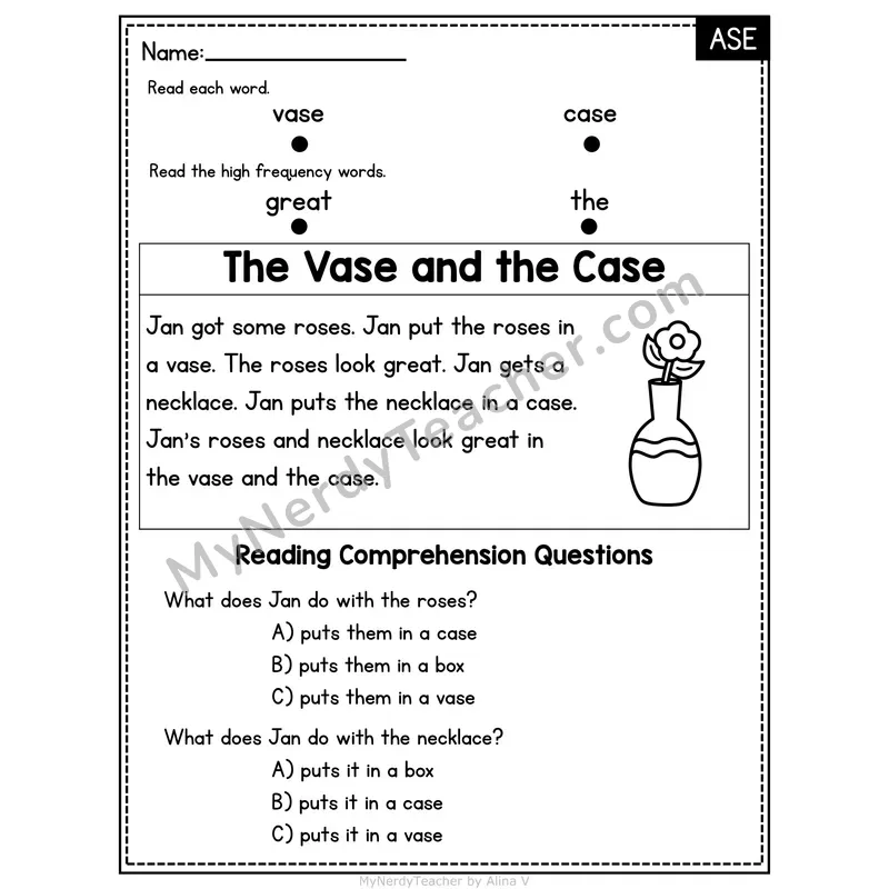 ASE Word Family Decodable Passage - The Vase and the Case