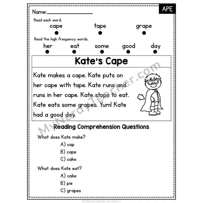 APE Word Family Decodable Passage - Kate's Cape