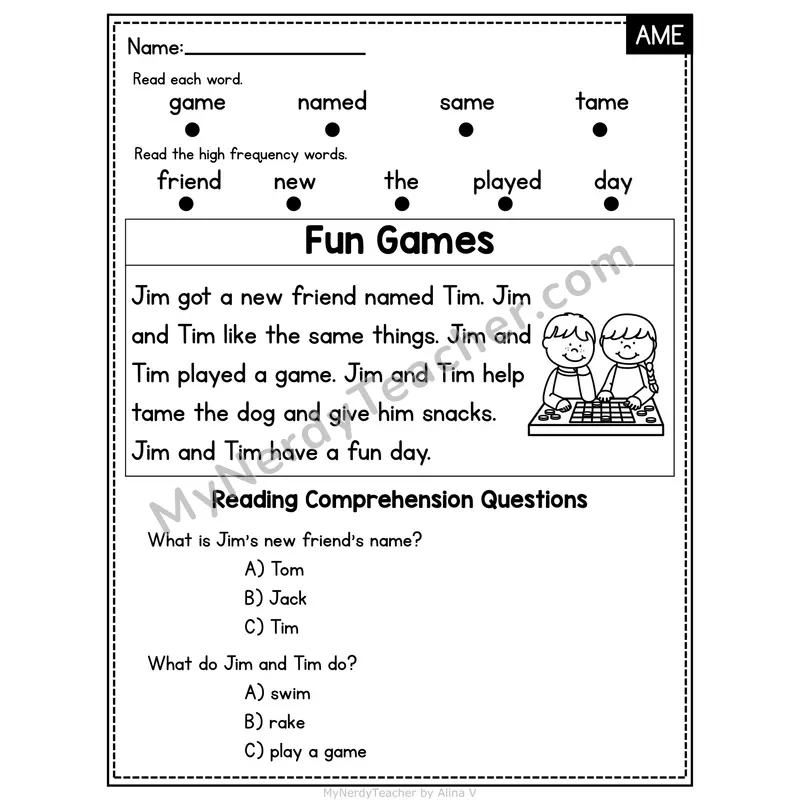 AME Word Family Decodable Passage - Fun Games