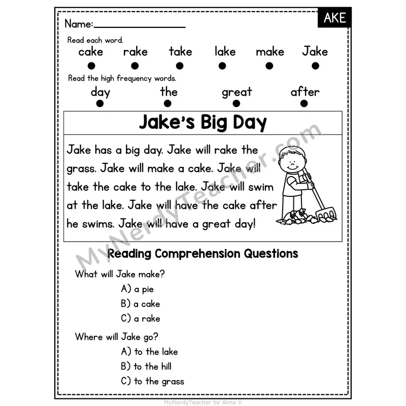 AKE Word Family Decodable Passage - Jake's Big Day