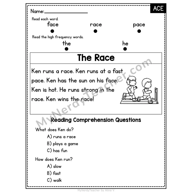 ACE Word Family Decodable Passage - The Race