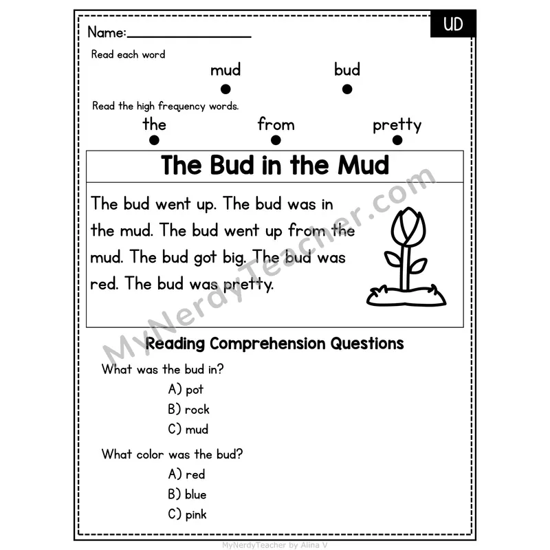 UD Word Family Decodable Passage - The Bud in the Mud