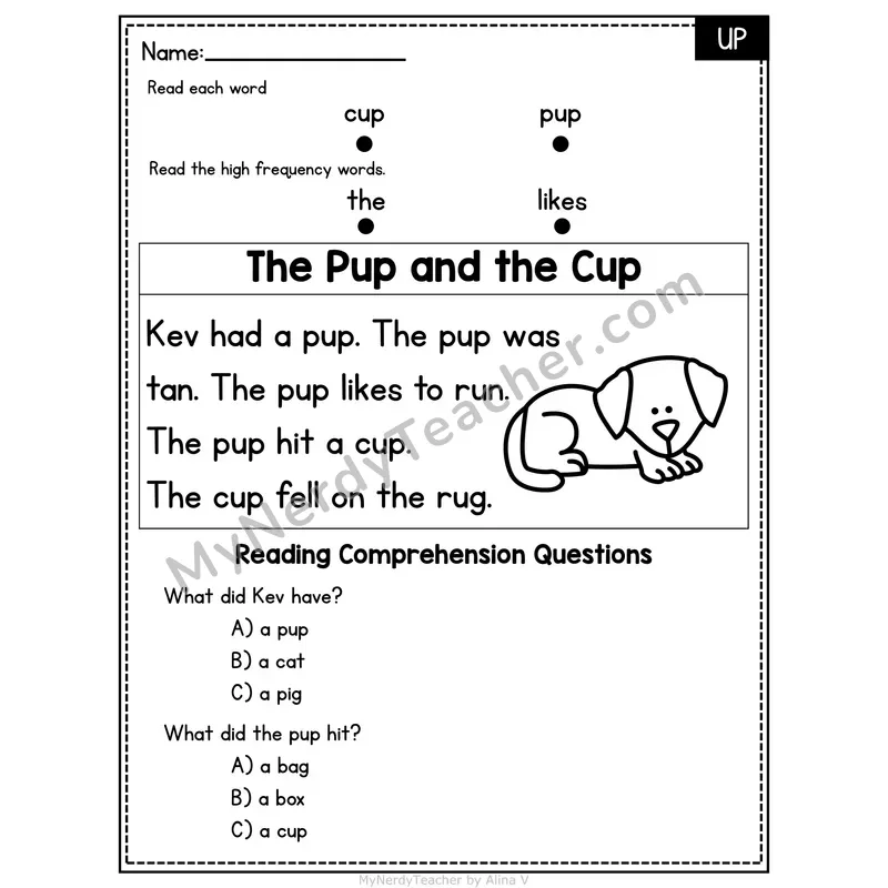 UP Word Family Decodable Passage - The Pup and the Cup
