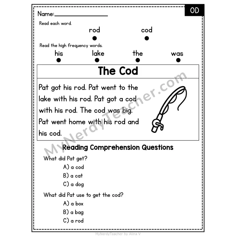 OD Word Family Decodable Passage - The Cod
