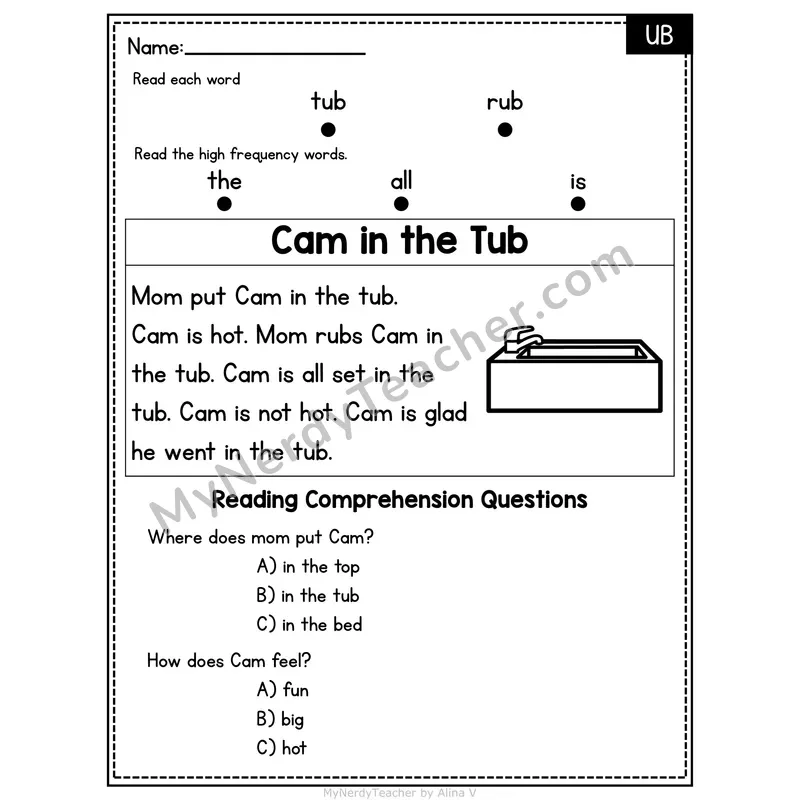 UB Word Family Decodable Passage - Cam in the Tub