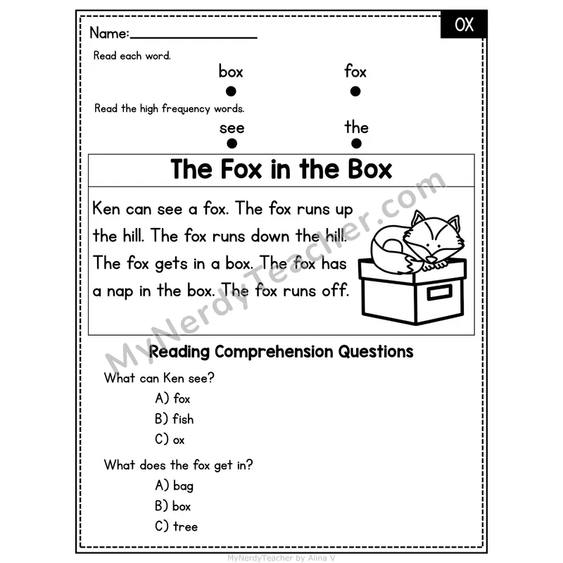 OX Word Family Decodable Passage - The Fox in the Box