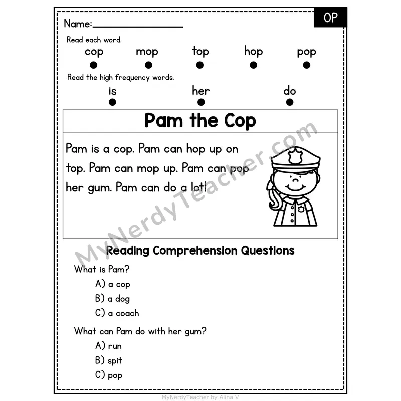OP Word Family Decodable Passage - Pam the Cop
