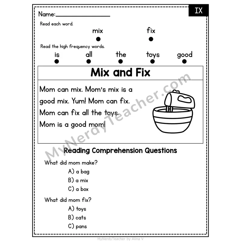 IX Word Family Decodable Passage - Mix and Fix
