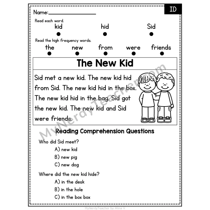 ID Word Family Decodable Passage - The New Kid