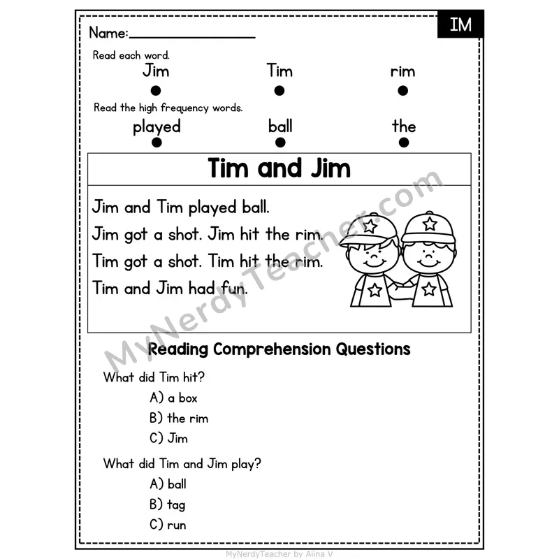 IM Word Family Decodable Passage - Tim and Jim
