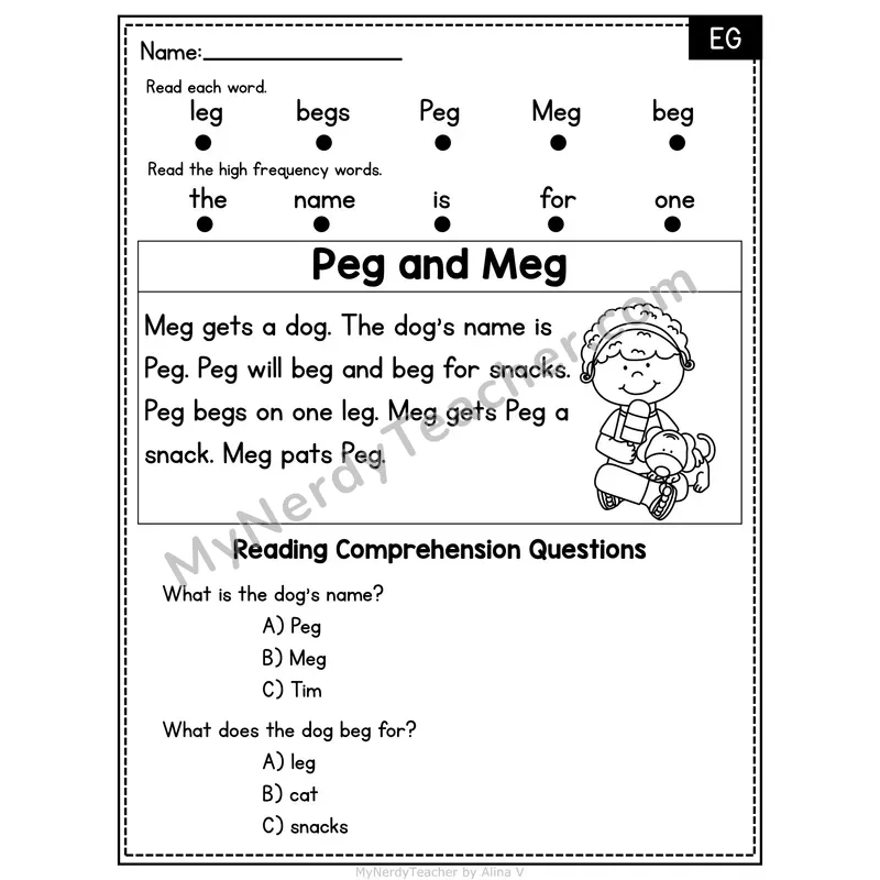 EG Word Family Decodable Passage - Peg and Meg