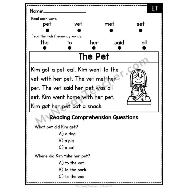 ET Word Family Decodable Passage - The Pet