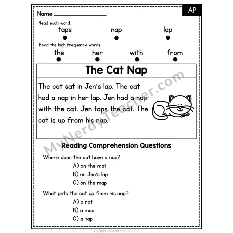 AP Word Family Decodable Passage - The Cat Nap