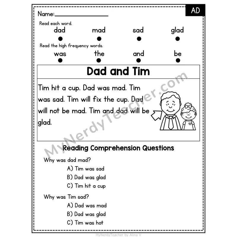 AD Word Family Decodable Passage - Dad and Tim