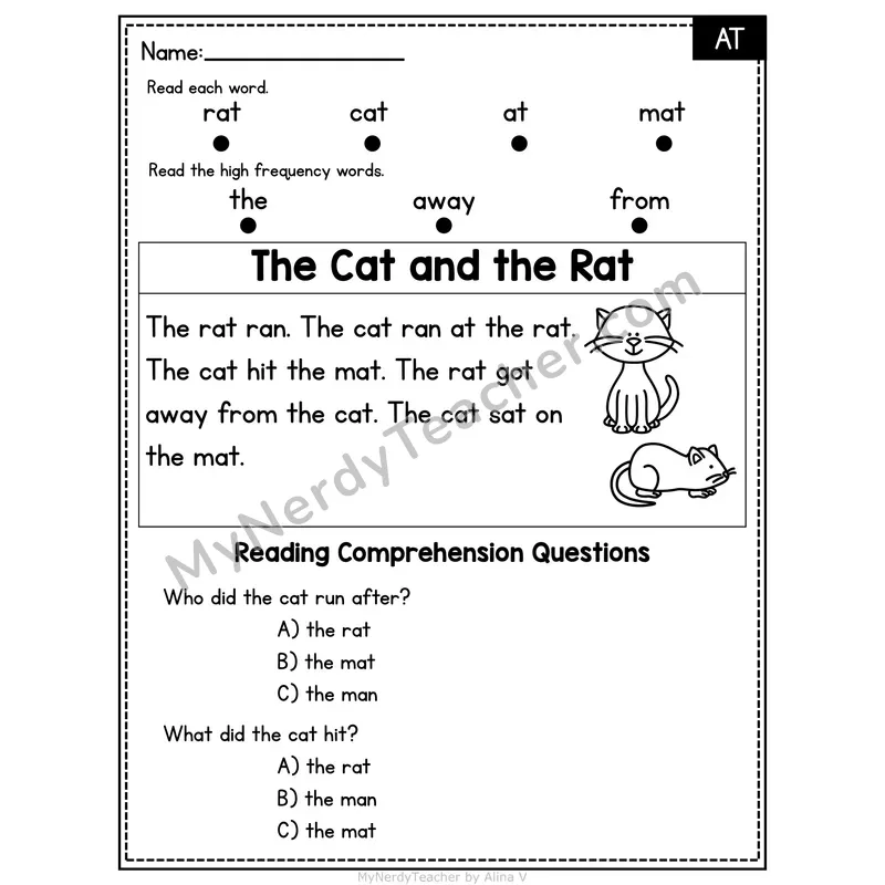 AT Word Family Decodable Passage - The Cat and the Rat