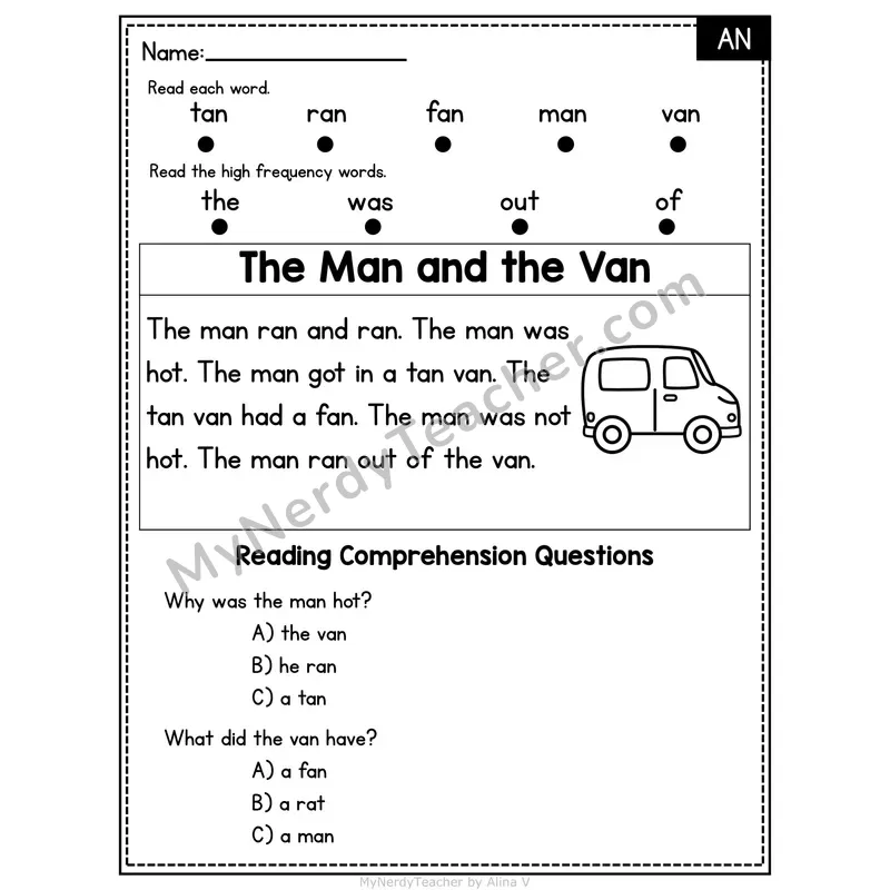AN Word Family Decodable Passage - The Man and the Van