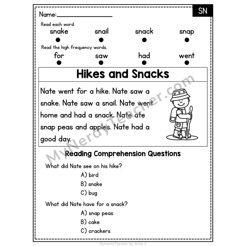 SN Blend Decodable Passage - Hikes and Snacks