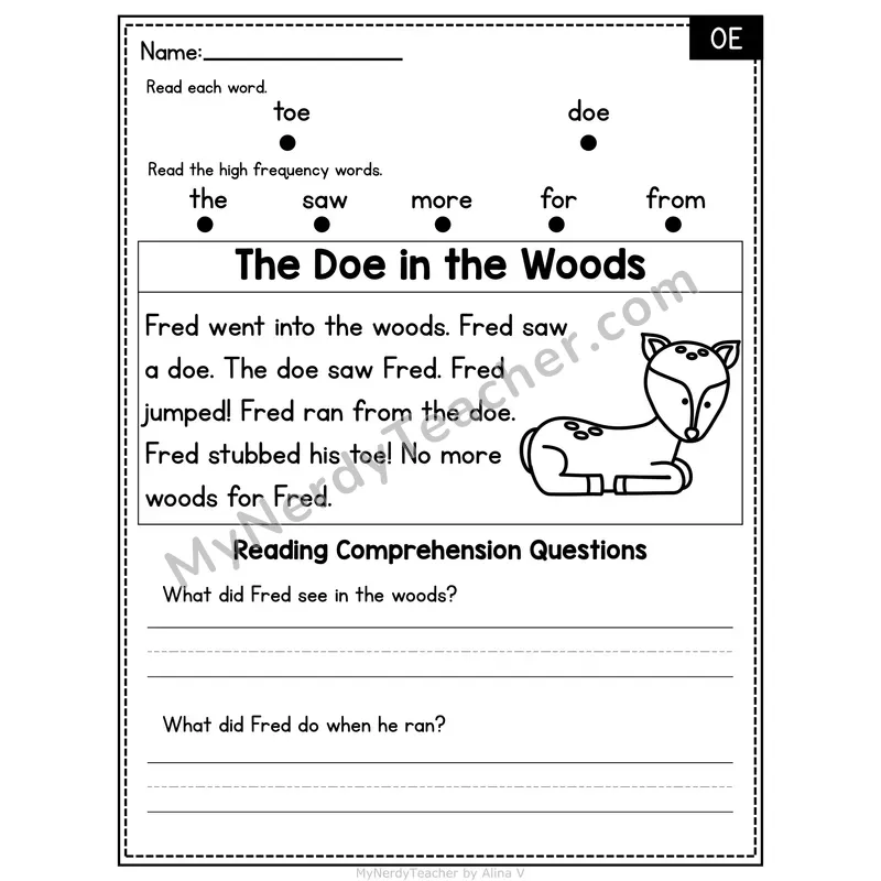 OE Vowel Team Decodable Passage - The Doe in the Woods