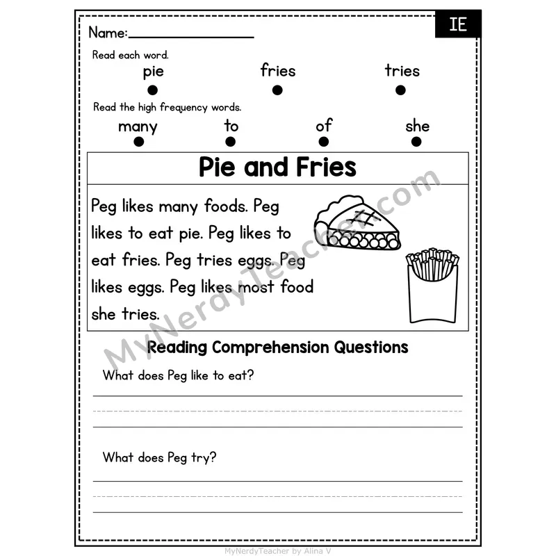 IE Vowel Team Decodable Passage - Pie and Fries