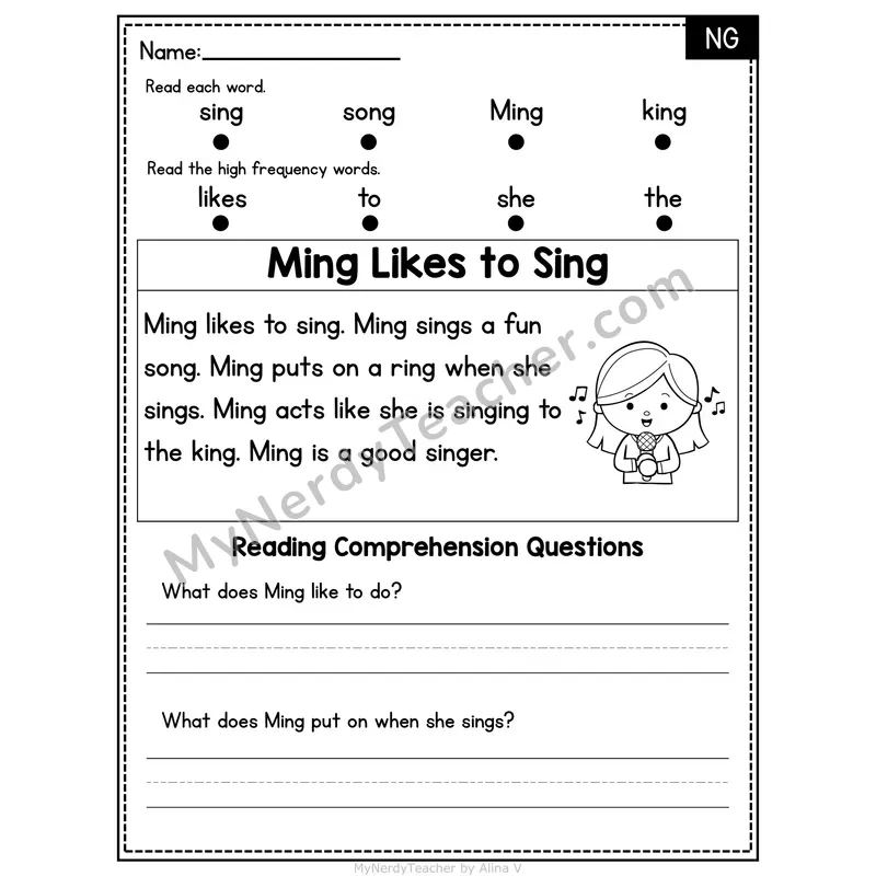 NG Digraph Decodable Passage - Ming Likes to Sing