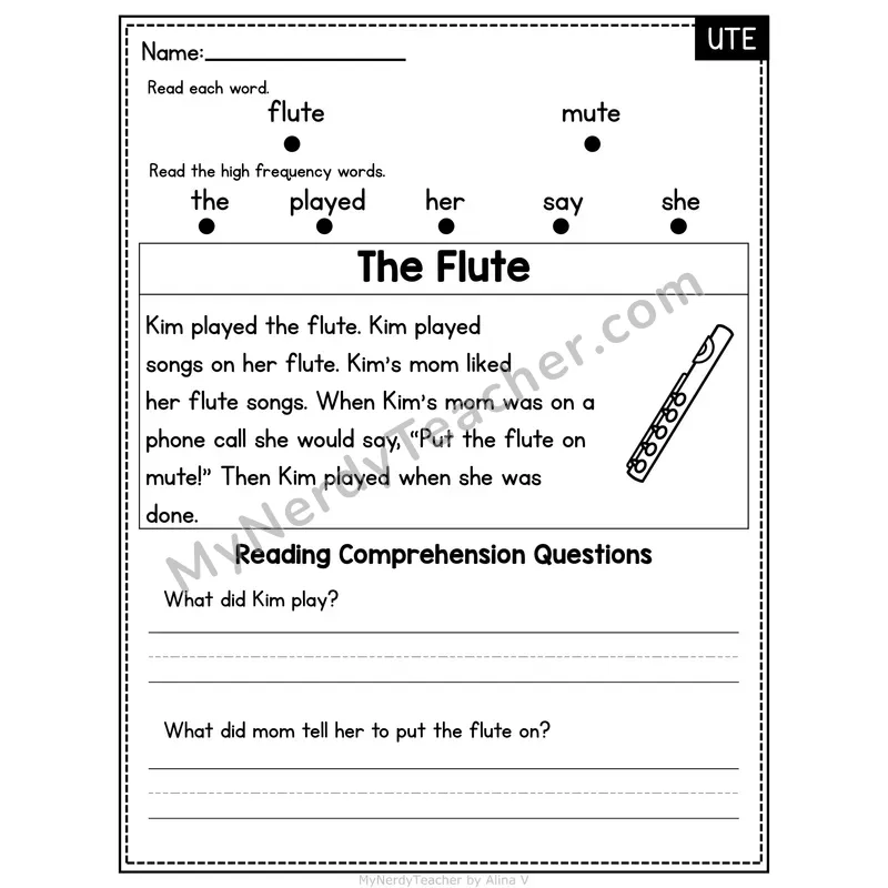 UTE Word Family Decodable Passage - The Flute