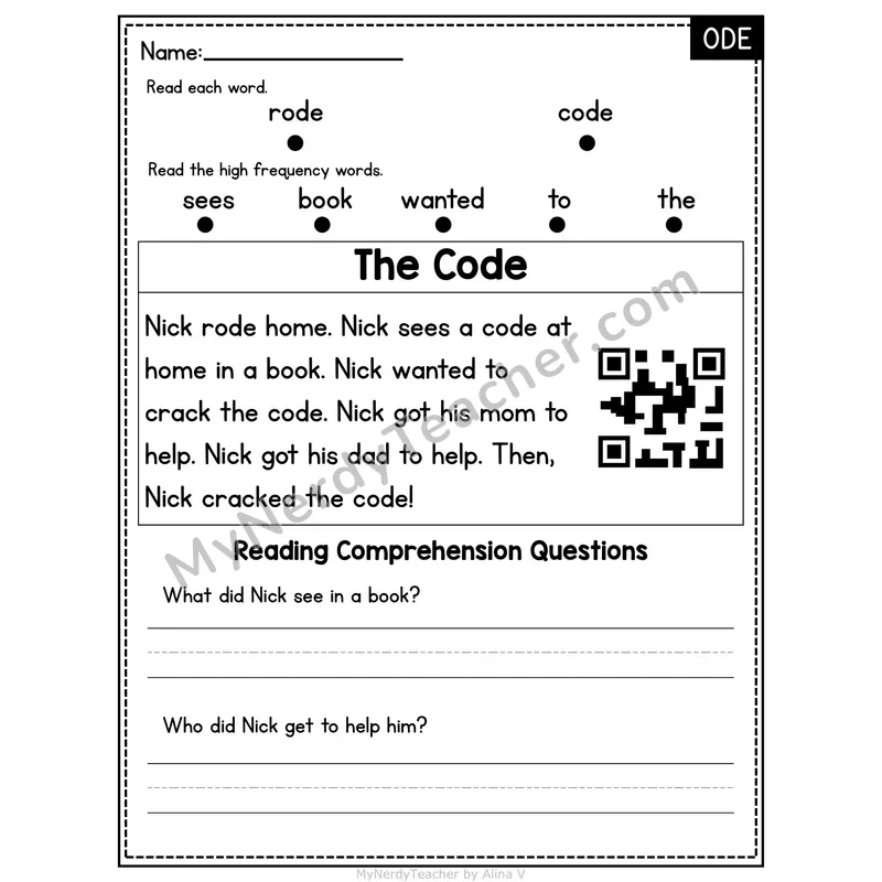 ODE Word Family Decodable Passage - The Code