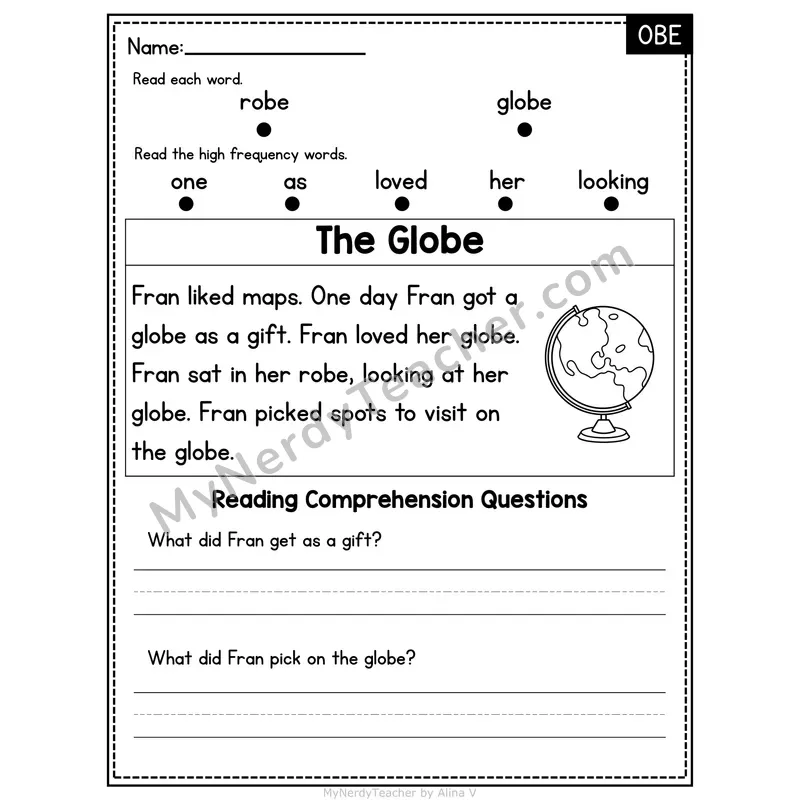 OBE Word Family Decodable Passage - The Globe