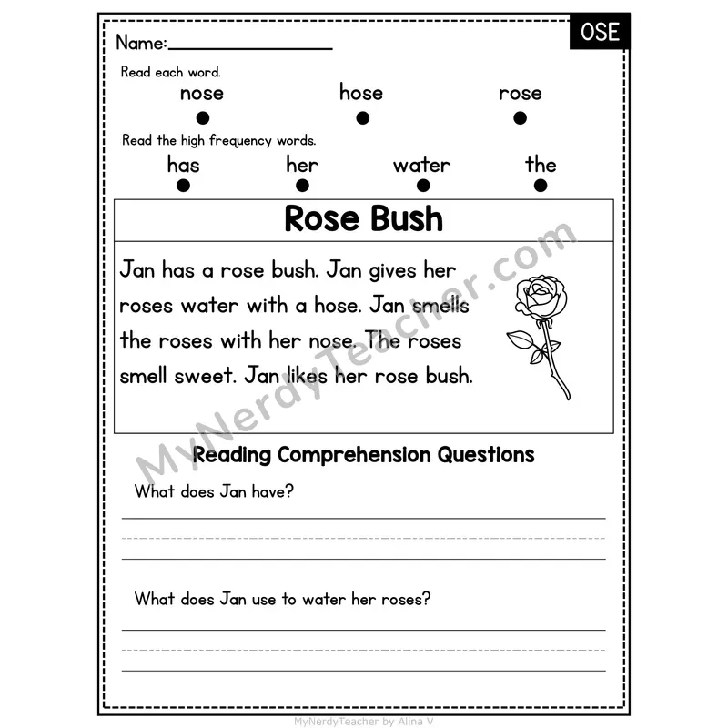 OSE Word Family Decodable Passage - Rose Bush